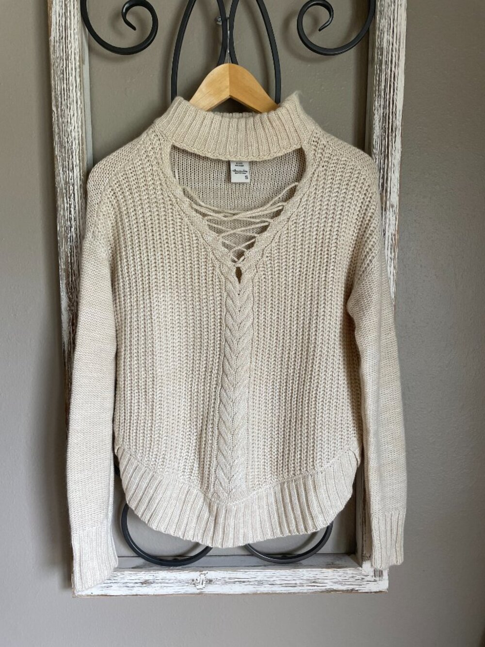 American Rag Lace-Up Choker Cable Knit Sweater Cream Ivory Women's Size Small